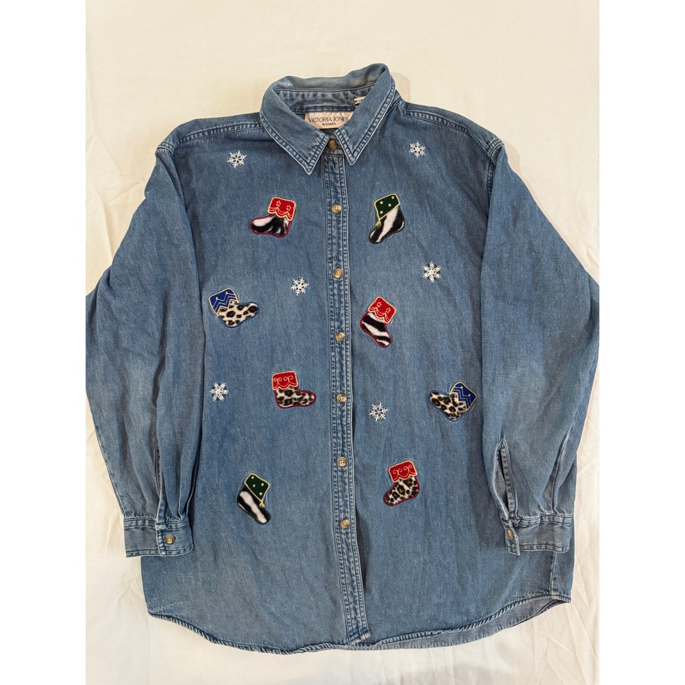 VTG 90s Victoria Jones Christmas Holiday Embroidered Animal Print Denim Shirt 1X